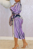 Purple Casual Print Patchwork Buckle Turndown Collar Shirt Dress Dresses