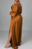 Light Brown Fashion Sexy Solid Backless Slit Off the Shoulder Long Dress Dresses