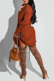 Red Casual Solid Patchwork Frenulum Buckle Slit Turndown Collar Tops