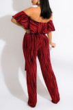 Burgundy Casual Print Split Joint Flounce Off the Shoulder Straight Jumpsuits