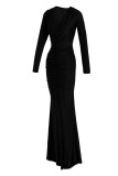 Red Fashion Sexy Solid Slit Fold V Neck Long Sleeve Evening Dress
