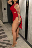 Red Sexy Solid Hollowed Out One Shoulder Pencil Skirt Dresses