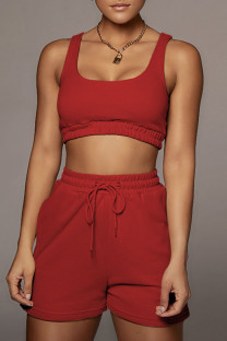 Red Casual Sportswear Solid Split Joint U Neck Sleeveless Two Pieces
