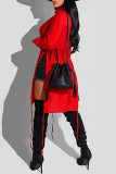 Red Casual Solid Patchwork Frenulum Buckle Slit Turndown Collar Tops