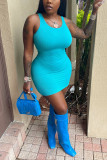 Blue Fashion Sexy Casual Solid Vests O Neck Waist Skirt Dresses