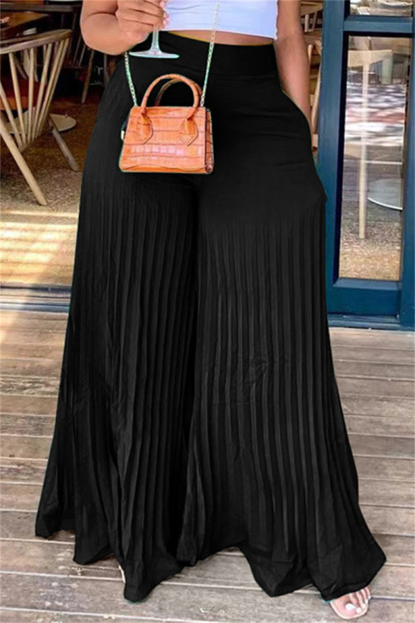 Black Fashion Casual Solid Fold Regular High Waist Wide Leg Trousers