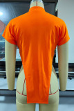 Tangerine Sexy Street Print Patchwork Asymmetrical Mandarin Collar T-Shirts