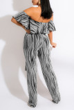Silver Casual Print Split Joint Flounce Off the Shoulder Straight Jumpsuits