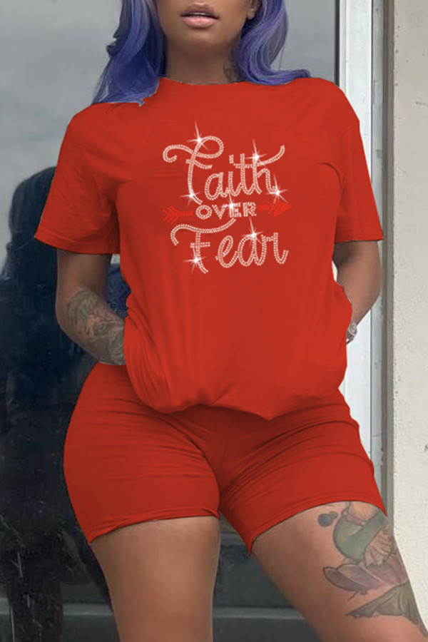 Red Fashion Casual Letter Hot Drill O Neck Short Sleeve Two Pieces