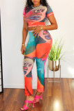 Multicolor Fashion Casual Cartoon Print Basic O Neck Short Sleeve Two Pieces