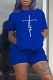 Blue Fashion Casual Print Basic O Neck Short Sleeve Two Pieces