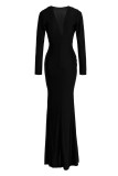 Red Fashion Sexy Solid Slit Fold V Neck Long Sleeve Evening Dress