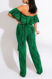 Green Casual Print Split Joint Flounce Off the Shoulder Straight Jumpsuits