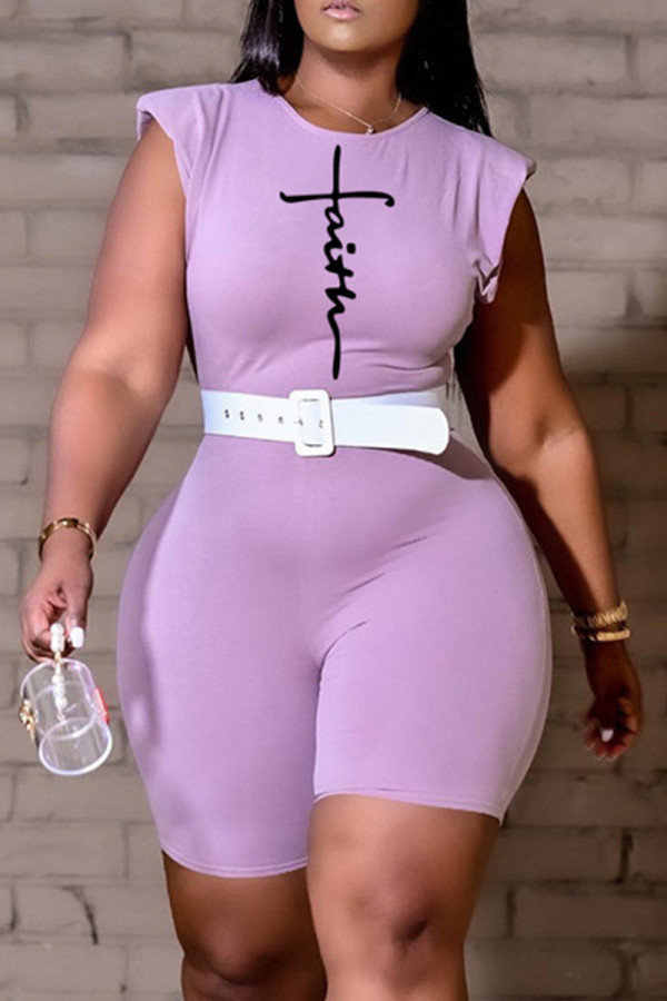 Purple Fashion Casual Print Basic O Neck Skinny Romper (Without Belt)