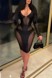 Red Sexy Solid Patchwork See-through Pencil Skirt Dresses