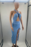 Red Sexy Solid Hollowed Out Draw String Frenulum Backless Halter Sleeveless Dress