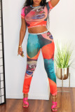 Multicolor Fashion Casual Cartoon Print Basic O Neck Short Sleeve Two Pieces
