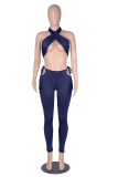 Blue Sexy Solid Patchwork Halter Sleeveless Two Pieces