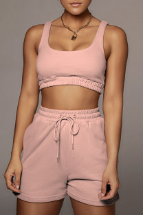 Pink Casual Sportswear Solid Split Joint U Neck Sleeveless Two Pieces