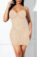 Apricot Sexy Patchwork Hot Drilling See-through Backless Spaghetti Strap Sleeveless Dress