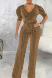 Gold Casual Solid Patchwork V Neck Straight Jumpsuits