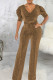Gold Casual Solid Patchwork V Neck Straight Jumpsuits