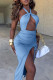 Blue Sexy Solid Hollowed Out Draw String Frenulum Backless Halter Sleeveless Dress
