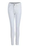 White Fashion Casual Solid Basic Mid Waist Skinny Denim Jeans