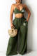 Army Green Fashion Casual Solid Letter Spaghetti Strap Sleeveless Two Pieces