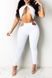 Blue Sexy Solid Patchwork Halter Sleeveless Two Pieces