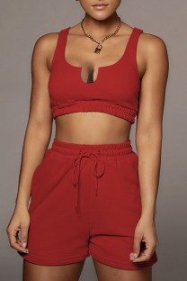 Red Casual Solid Split Joint U Neck Two Pieces