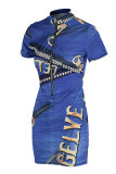 Light Blue Fashion Casual Print Basic Zipper Collar Short Sleeve Dress