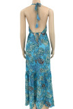 Blue Elegant Print Patchwork Backless Halter Straight Dresses