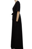 Black Casual Solid Split Joint V Neck Straight Dresses