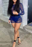 Blue Sexy Solid Patchwork See-through O Neck Long Sleeve Two Pieces