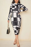 Light Brown Casual Elegant Print Patchwork O Neck One Step Skirt Dresses