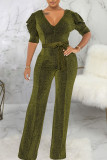Grass Green Casual Solid Patchwork V Neck Straight Jumpsuits