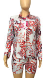 Colour Casual Print Patchwork Turndown Collar Long Sleeve Two Pieces