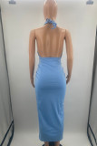 Red Sexy Solid Hollowed Out Draw String Frenulum Backless Halter Sleeveless Dress