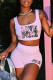 Light Purple Fashion Casual Print Letter Square Collar Sleeveless Two Pieces