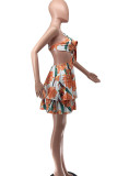 Multicolor Sexy Print Patchwork Backless Spaghetti Strap Sling Dress Dresses