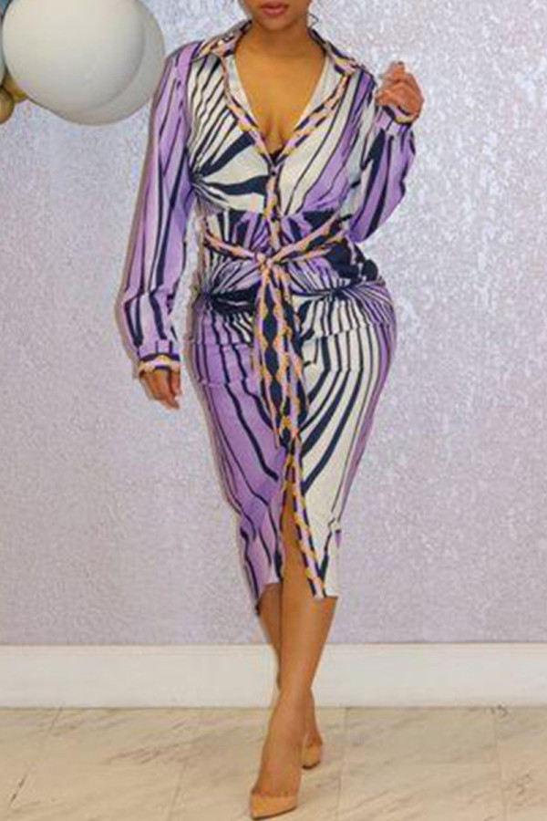 Purple Casual Print Patchwork Buckle Turndown Collar Shirt Dress Dresses