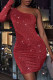 Rose Red Sexy Solid Patchwork Fold Oblique Collar Dresses
