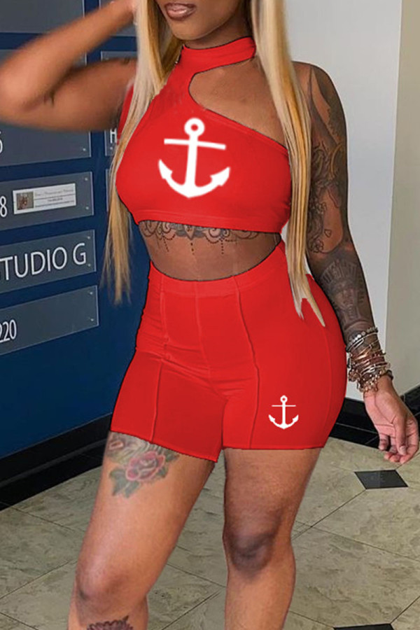 Red Casual Sportswear Print Patchwork Halter Sleeveless Two Pieces