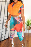 Multicolor Fashion Casual Cartoon Print Basic O Neck Short Sleeve Two Pieces