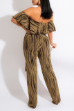 Gold Casual Print Split Joint Flounce Off the Shoulder Straight Jumpsuits