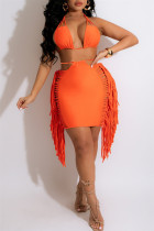 Orange Sexy Solid Tassel Bandage Hollowed Out Backless Halter Sleeveless Two Pieces