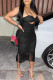 Black Sexy Solid Tassel Hollowed Out Patchwork Fold Spaghetti Strap Sling Dress Dresses