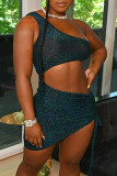 Dark Green Sexy Solid Draw String Frenulum Backless One Shoulder Sleeveless Dress