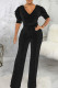 Black Casual Solid Patchwork V Neck Straight Jumpsuits